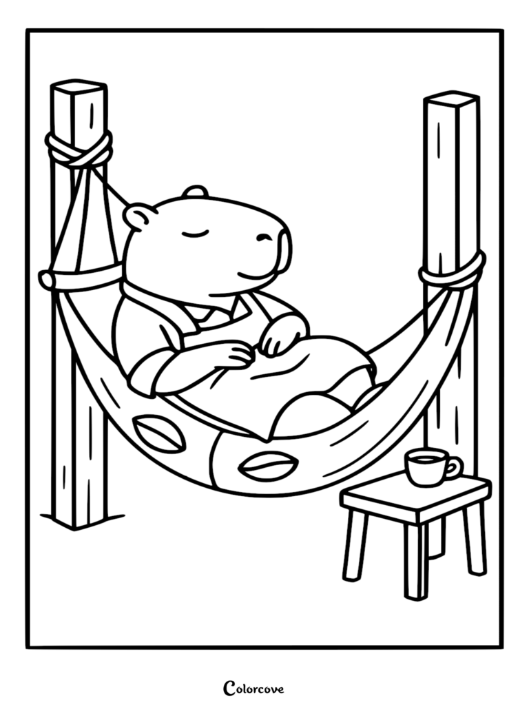 A detailed line art coloring page showing a capybara barista wearing an apron and sleeping in a hammock decorated with coffee beans, suspended between wooden posts near a mug.