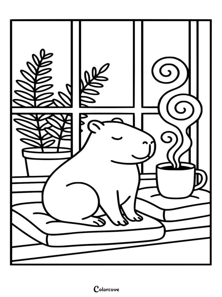 Detailed line art coloring page featuring a peaceful capybara sitting on a cushion next to a steaming cup of coffee by a large window with a potted plant.