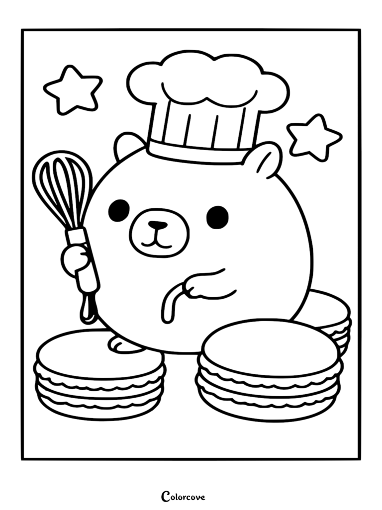 A minimalist coloring page featuring a round capybara dressed as a chef with a whisk, surrounded by large macarons and decorative stars.