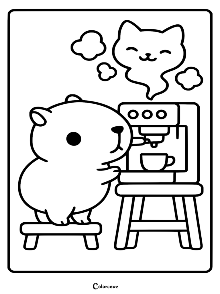Simple line art coloring page of a cute capybara standing on a stool to reach an espresso machine, with steam rising in the shape of a smiling cat face.