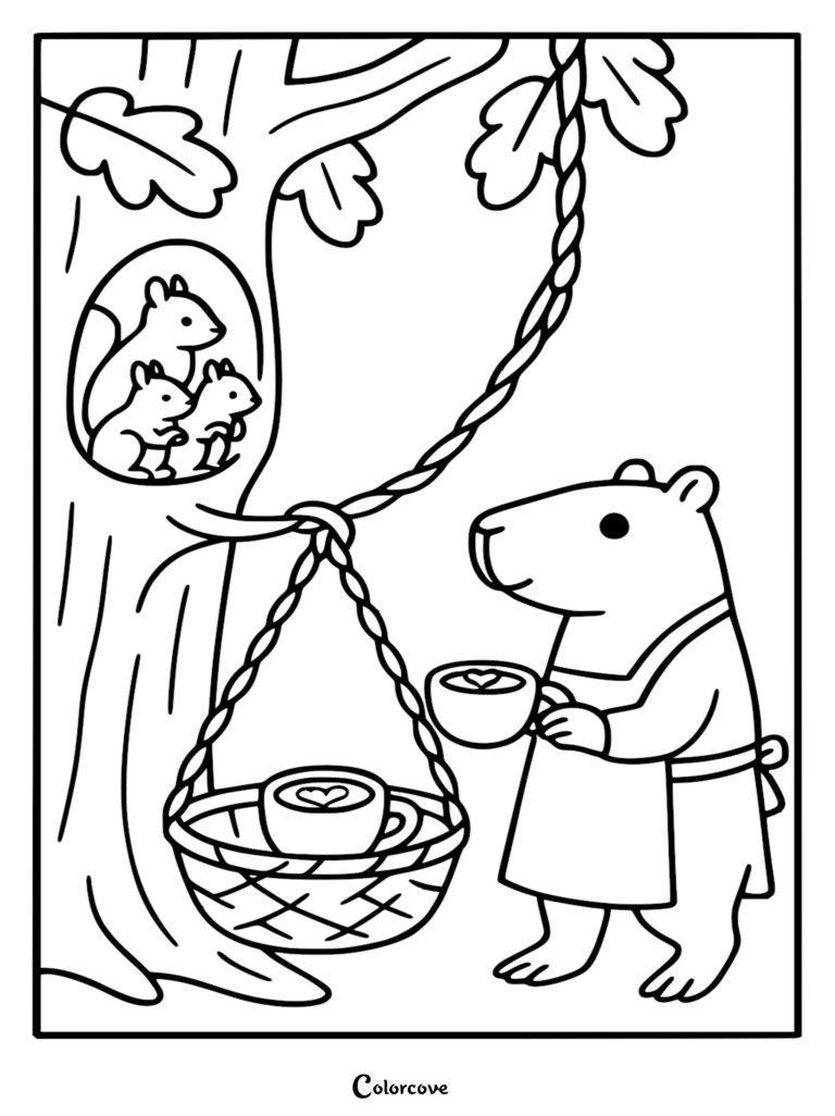 Line art coloring page featuring a capybara barista in an apron serving coffee with heart latte art to three squirrels in a tree knot using a hanging basket.