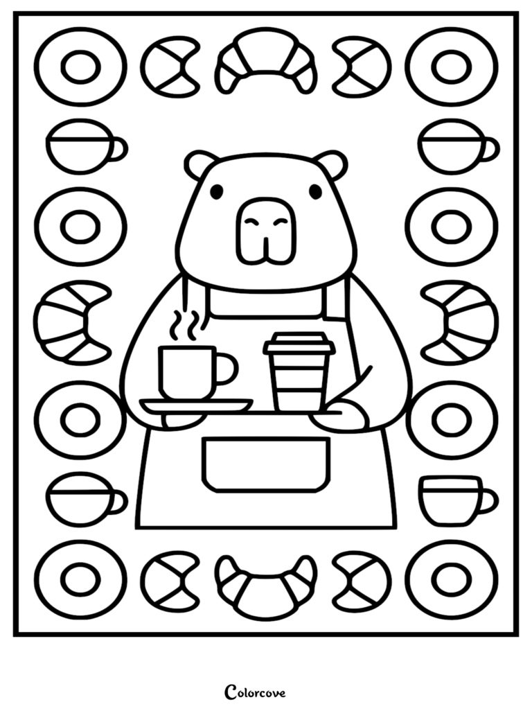 Detailed line art coloring page of a capybara barista wearing an apron and holding a tray with a steaming mug and coffee cup, surrounded by a border of donuts and croissants.