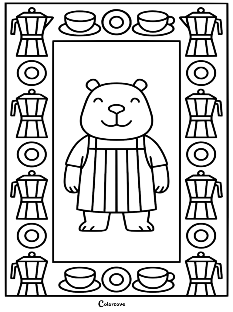A detailed line art coloring page of a friendly capybara wearing a barista apron, bordered by repeating moka pots and coffee cups.