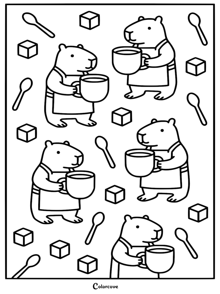 Detailed line art coloring page of capybara baristas in aprons holding coffee mugs, featuring floating isometric sugar cubes and spoons in a patterned layout.