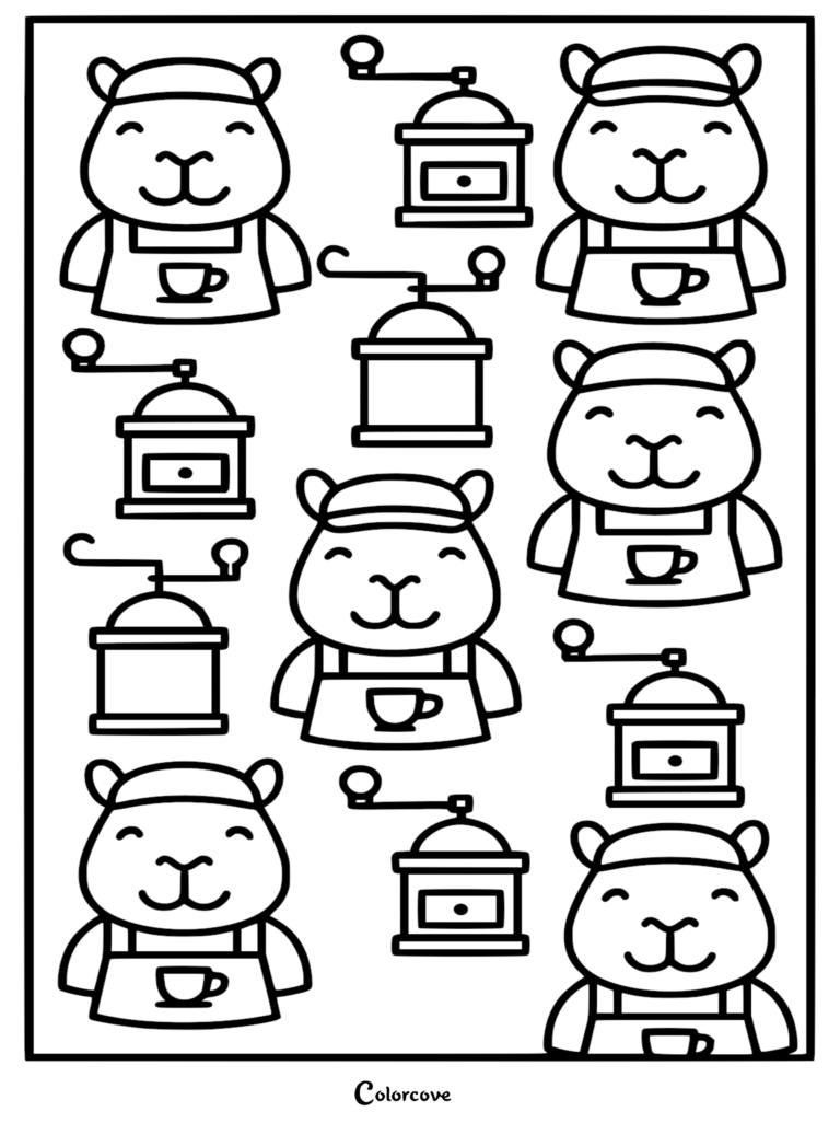 A detailed line art coloring page for kids featuring a repeating pattern of cute capybaras in barista aprons and vintage manual coffee grinders.