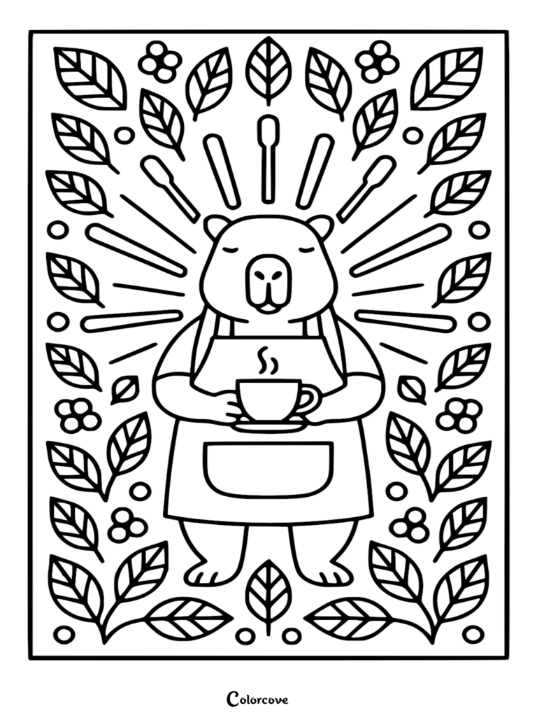 Detailed capybara barista coloring page featuring an apron-clad animal holding a steaming cup of coffee surrounded by symmetrical leaves, coffee beans, and radiating patterns.