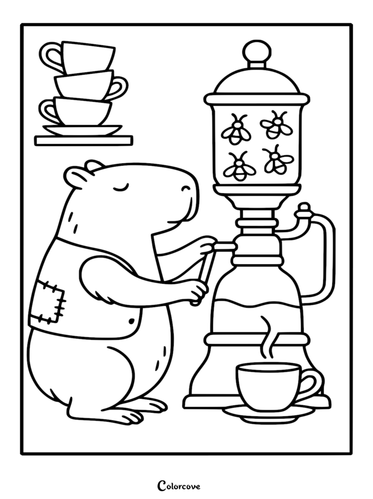 Detailed coloring page of a capybara barista wearing a patched vest, pulling a lever on a tall coffee machine adorned with honeybees, beside stacked cups.