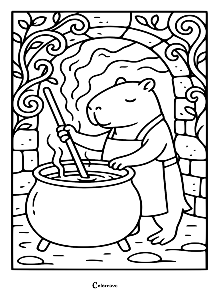A detailed coloring page of a capybara wearing an apron, stirring a large steaming cauldron with a long wooden paddle inside a stone archway with decorative vines.