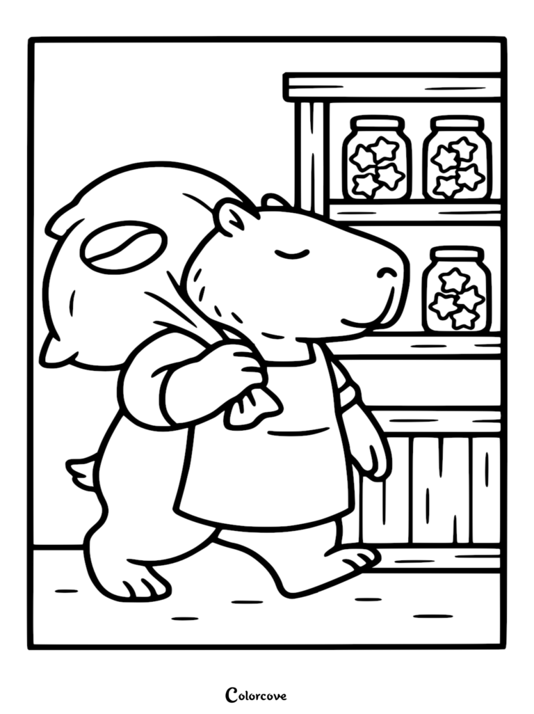 A detailed line art coloring page featuring a capybara barista in an apron carrying a large sack marked with a coffee bean past shelves filled with star-shaped cookie jars.