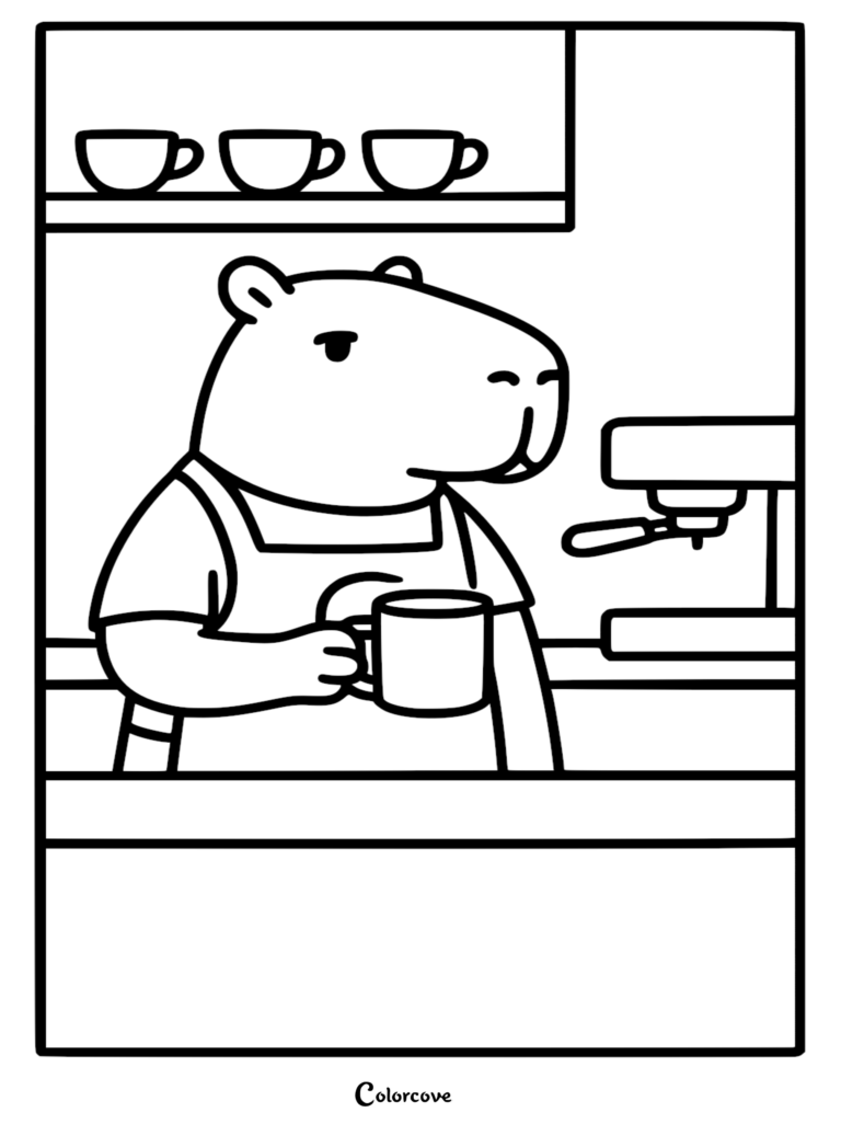 Detailed line art coloring page of a capybara barista wearing an apron, holding a coffee mug beside an espresso machine and shelves.