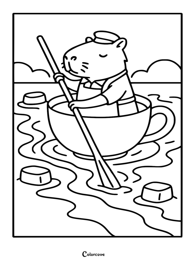 A detailed coloring page of a capybara barista wearing a uniform and hat, rowing a giant teacup through coffee waves and floating sugar cubes using a long spoon.