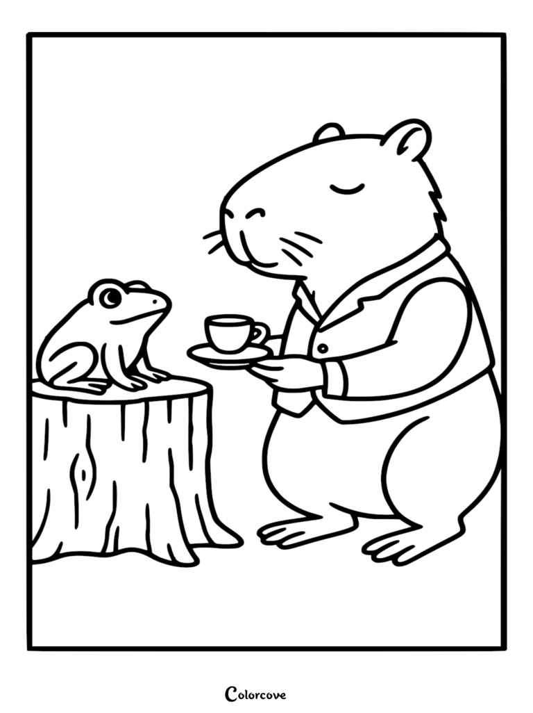 A detailed line art coloring page of a capybara wearing a barista vest serving a cup on a saucer to a small frog perched on a tree stump.