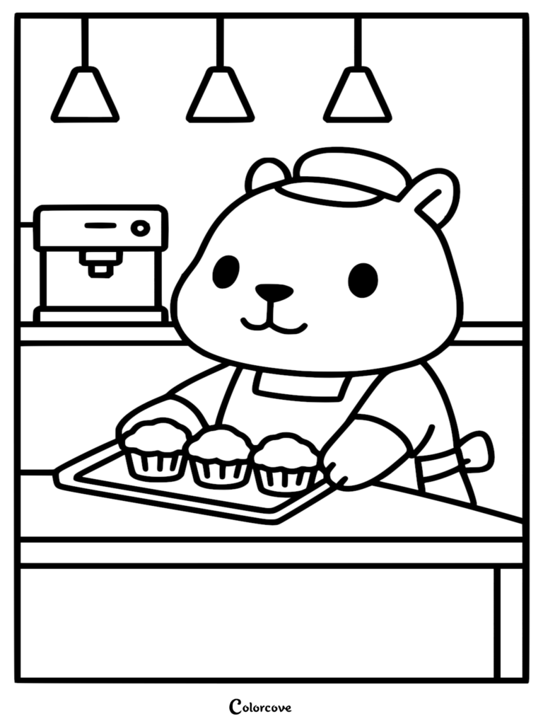 A cute cartoon capybara wearing a hat and apron holding a tray of three muffins at a cafe counter with an espresso machine and hanging lights in a line art coloring page.
