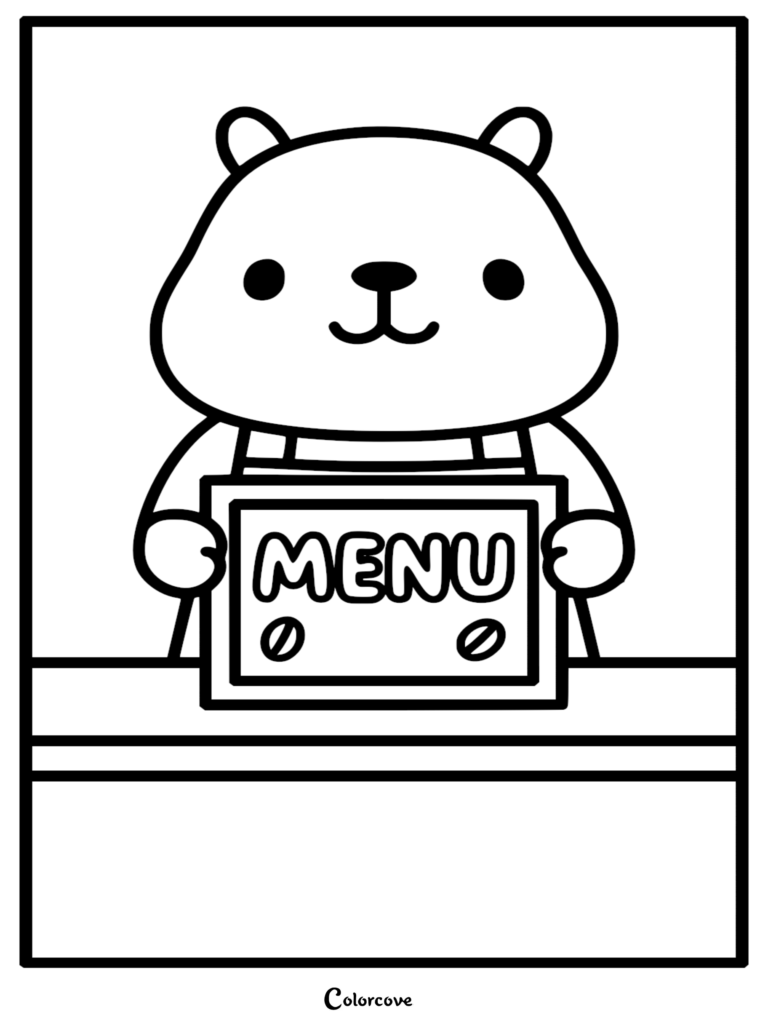 A cute kawaii capybara wearing a barista apron and holding a menu sign with coffee beans in this simple line art coloring page.
