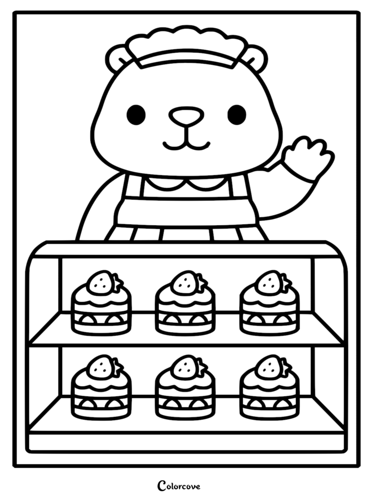Cute capybara barista wearing a ruffled hat and apron waving behind a glass display case with strawberry shortcakes, simple line art coloring page.