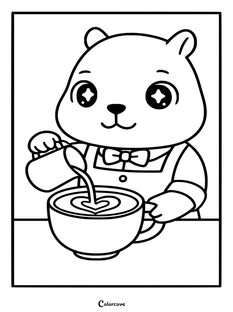 A cute cartoon capybara wearing a bowtie pouring milk from a pitcher into a cup to create heart latte art, printable animal coloring page.