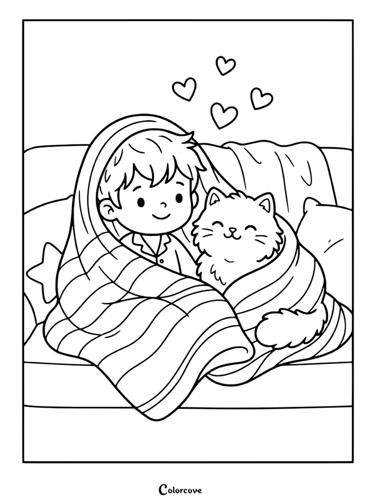 Cartoon Cat coloring page featuring a smiling boy and a fluffy kitty wrapped in a cozy blanket with floating hearts.