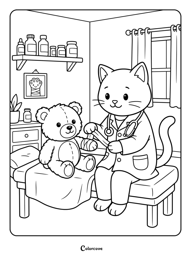 Cartoon Cat dressed as a doctor wrapping a bandage on a teddy bear's arm in a clinic coloring page