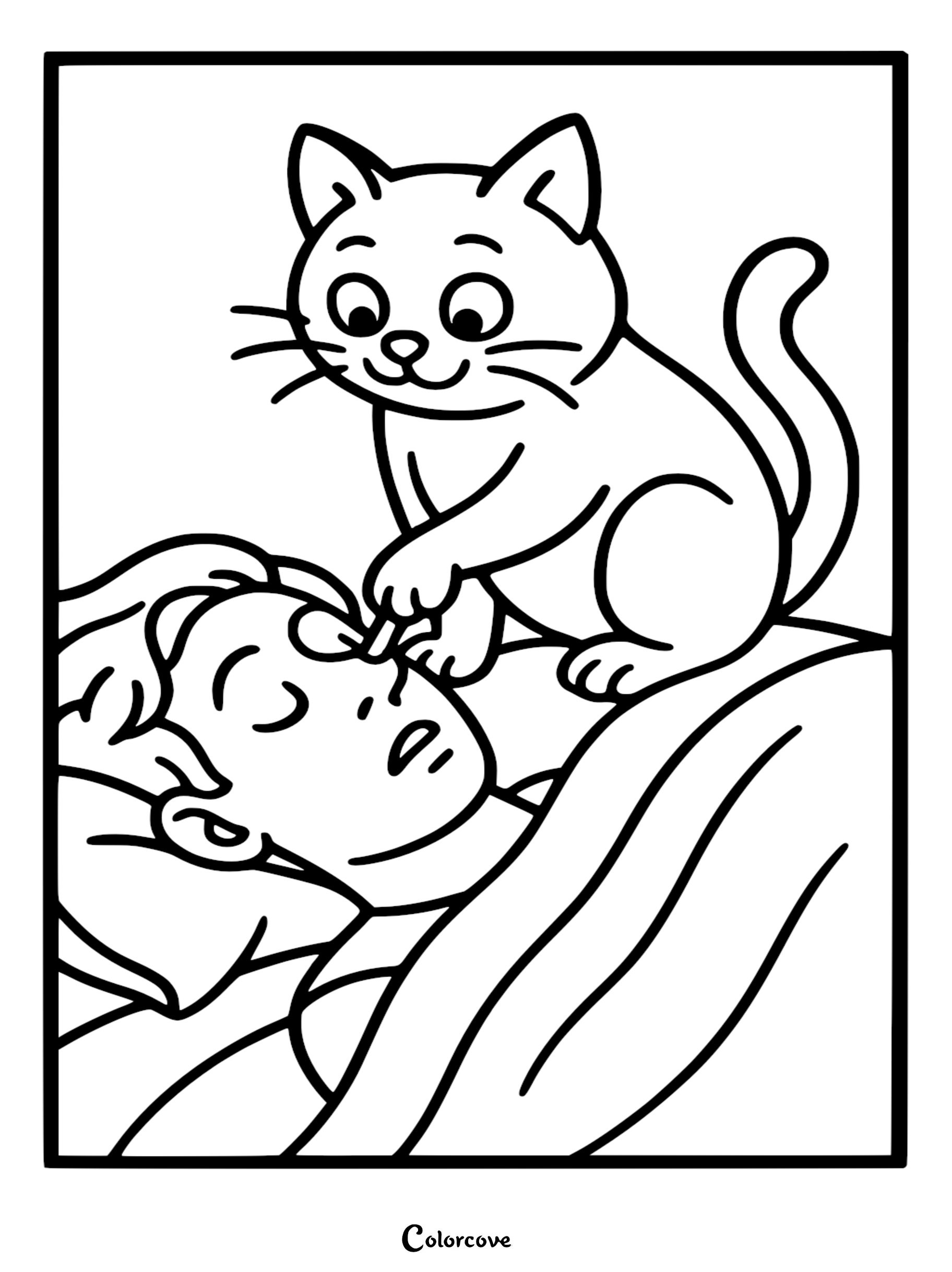 Bring this hilarious scene to life with our cartoon cat waking up sleeping owner coloring page. This free printable sheet captures a mischievous pet moment that is perfect for young artists to color.