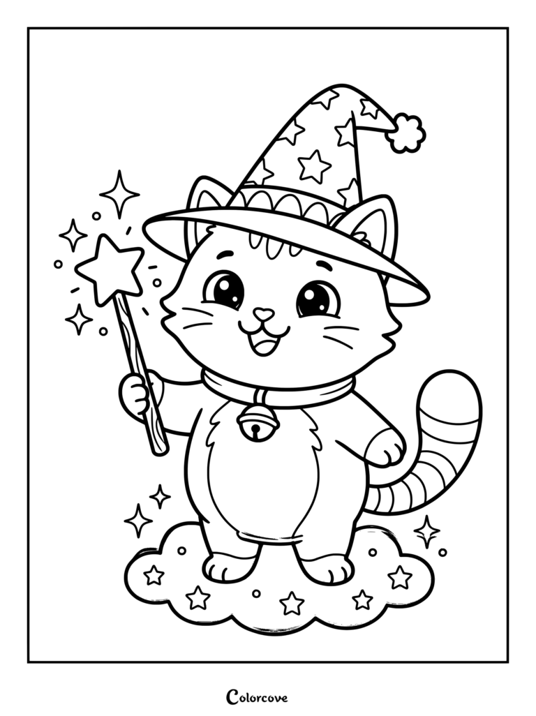 Cartoon Cat wearing a wizard hat and holding a magic wand coloring page