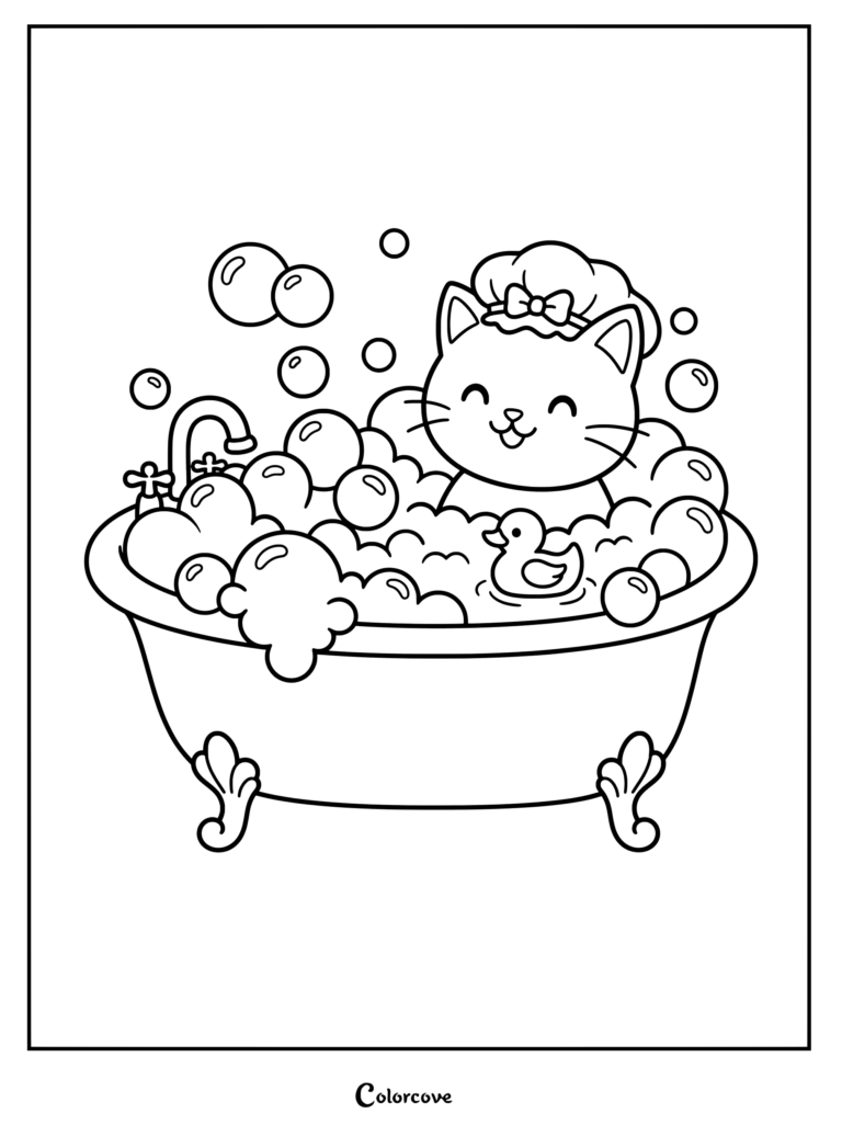 Cartoon Cat wearing a shower cap and bathing in a tub with bubbles and a toy duck coloring page