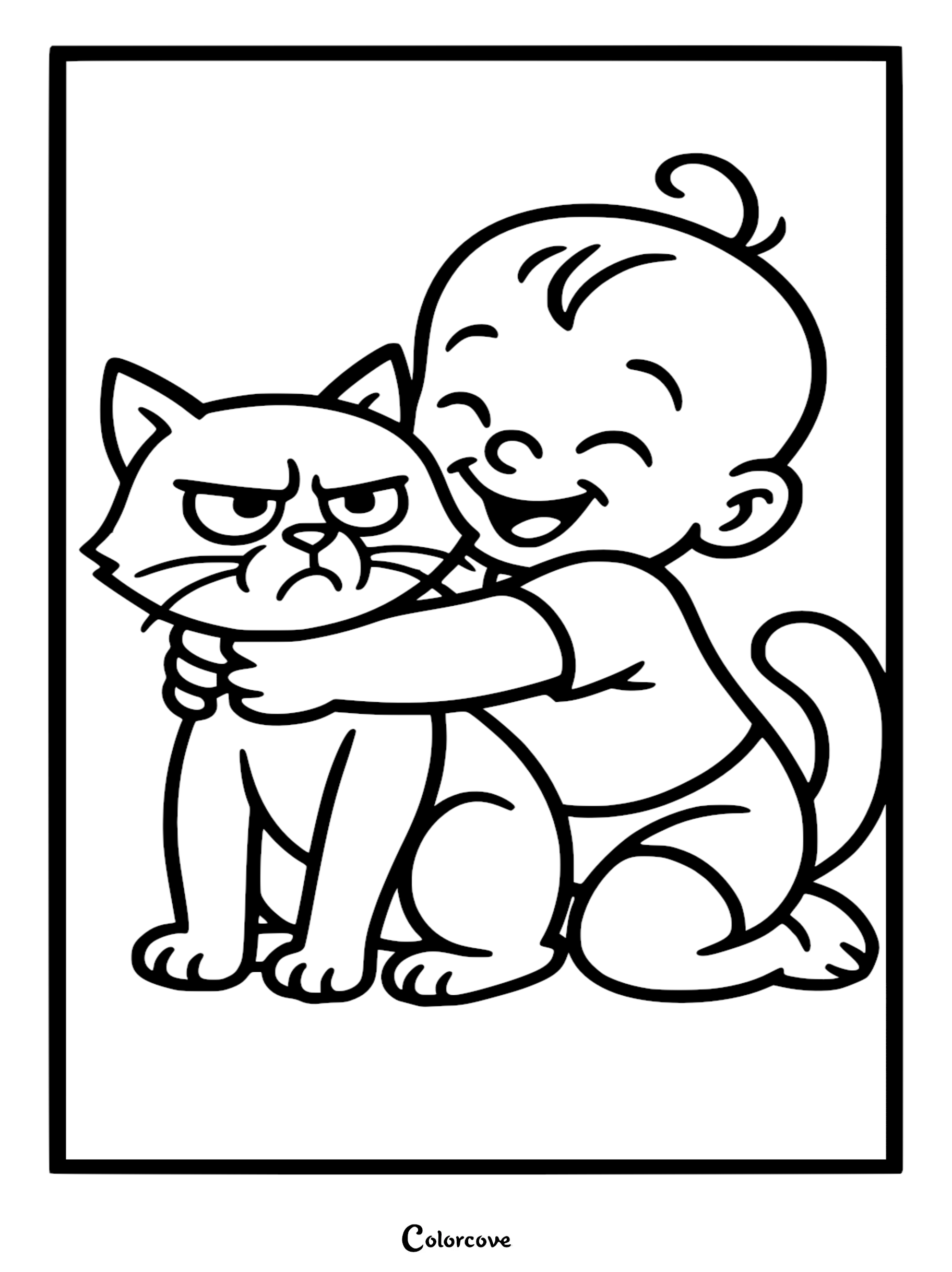 Download and print this adorable cartoon cat coloring page featuring a funny scene of a happy baby hugging a grumpy cat. This free, high-quality printable is perfect for kids who love animals and expressive characters.