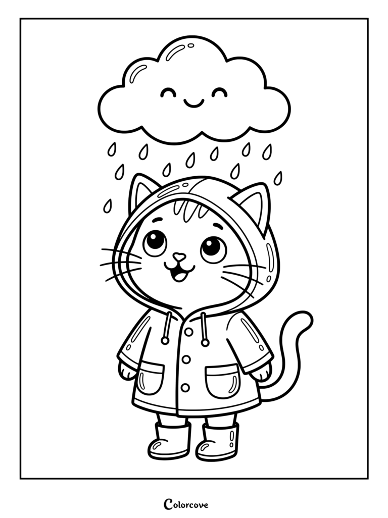 Cartoon Cat wearing a yellow raincoat and boots while a friendly cloud rains down in this printable coloring page.