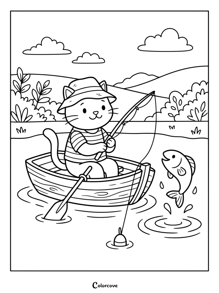 Cartoon Cat fishing with a pole from a small wooden boat as a fish jumps.