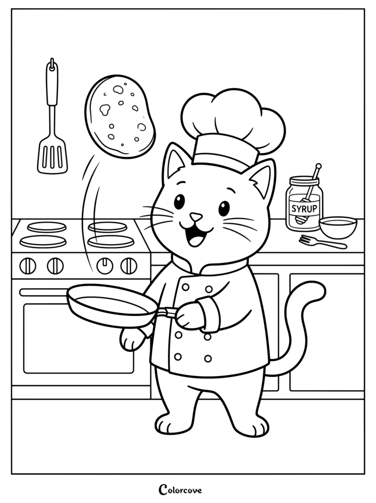 Cartoon Cat working as a chef and flipping a pancake in the kitchen coloring page