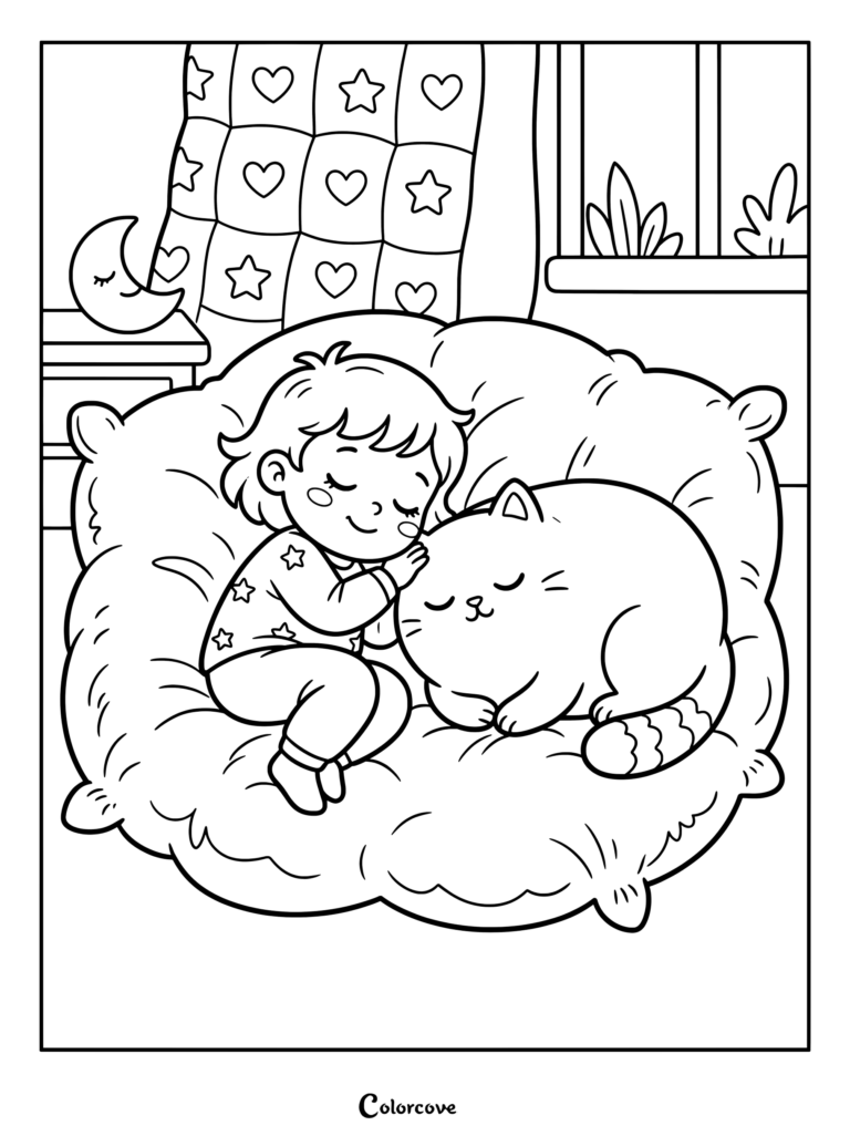 Cartoon Cat and child sleeping peacefully together on a fluffy pillow coloring page