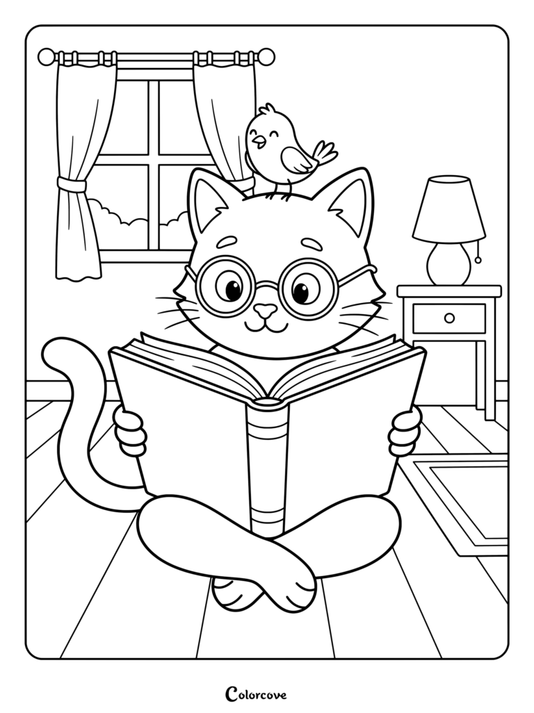 Cartoon Cat wearing round glasses and reading a book with a little bird on its head, printable coloring page.