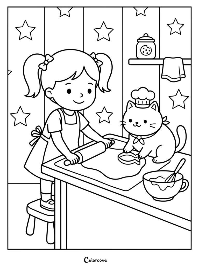 A young girl and a Cartoon Cat baking cookies together in a kitchen coloring page.