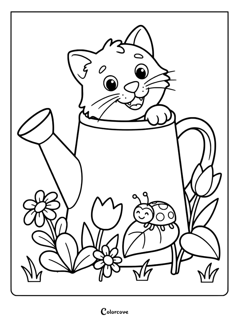 Printable Cartoon Cat coloring page featuring a kitten hiding in a watering can with flowers and a ladybug.