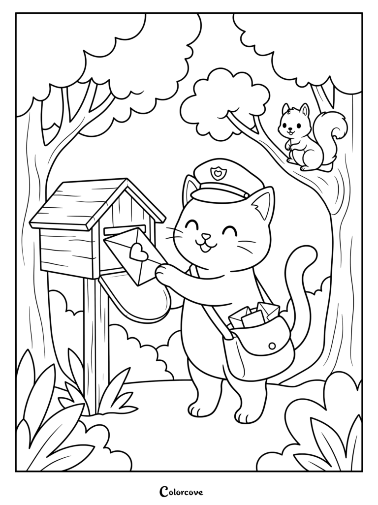 Cartoon Cat working as a postal carrier delivering a heart letter into a mailbox, with a squirrel watching from a tree, ready for coloring page activities
