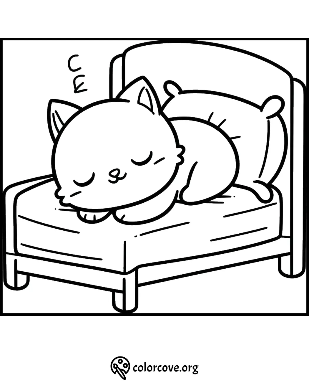 Cute cat sleeping on a bed coloring page, perfect for kids to color. Download printable coloring pages at colorcove.org.