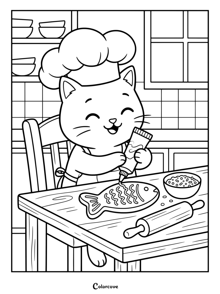 Cartoon Cat wearing a chef hat decorating a fish cookie in the kitchen coloring page