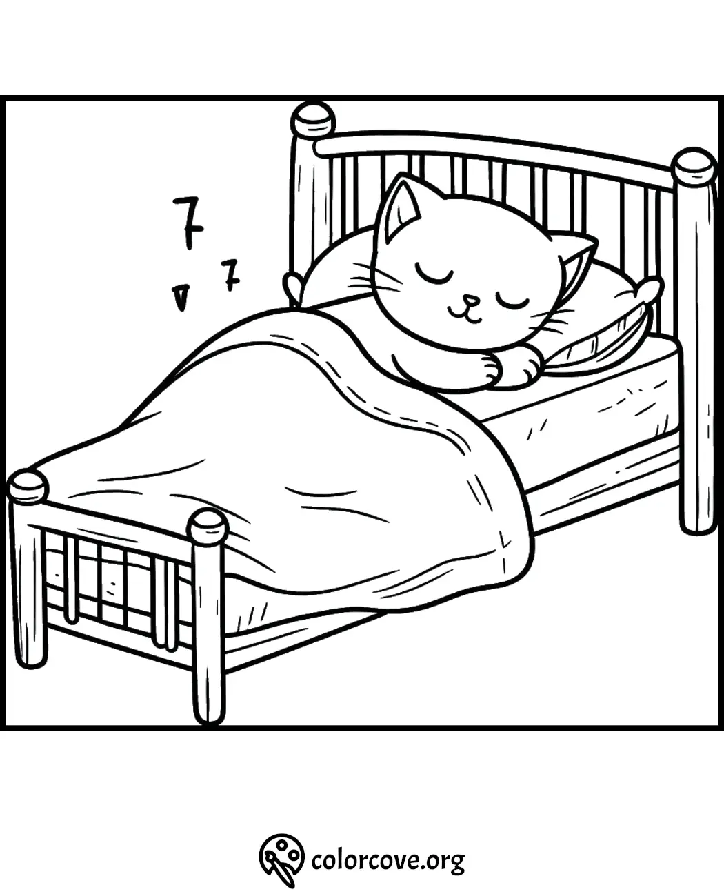 Cute cat sleeping in a cozy bed coloring page for kids, printable illustration from colorcove.org.