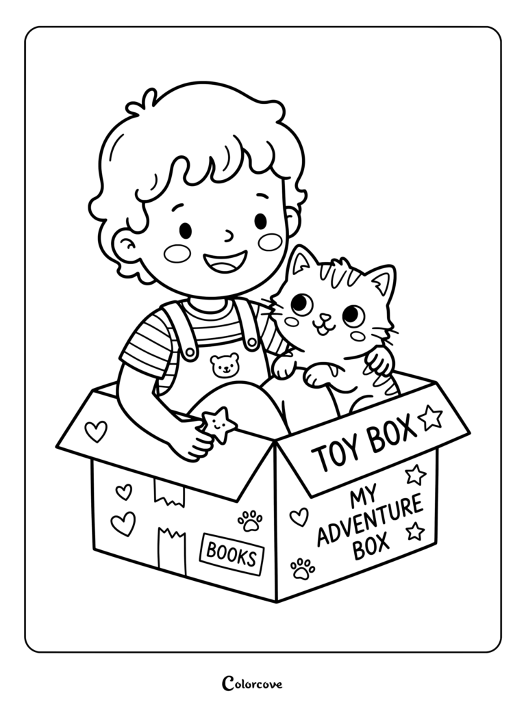 Printable cartoon cat and boy sitting together inside a decorated toy box for kids coloring page