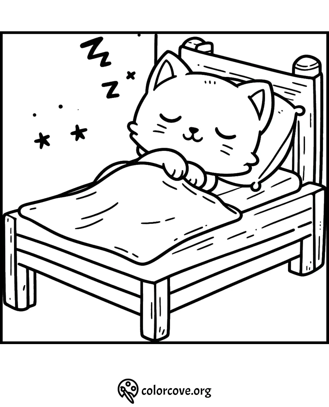 Cute kitten sleeping in a cozy bed coloring page for kids. Relaxing bedtime coloring activity at colorcove.org.