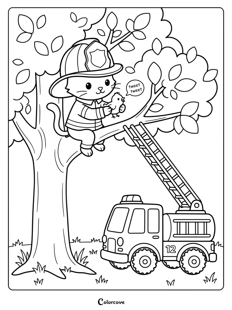 Cartoon Cat firefighter rescuing a little bird from a tree next to a fire engine coloring page