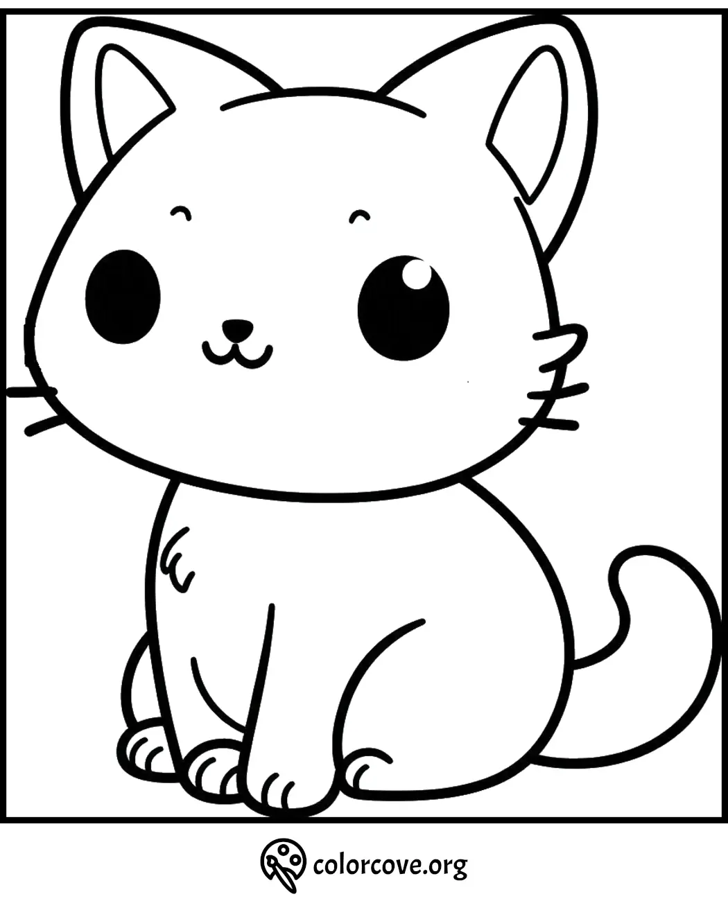 Cute cat coloring page for kids. Printable cat coloring worksheet from ColorCove.org. Adorable cartoon kitty to color.