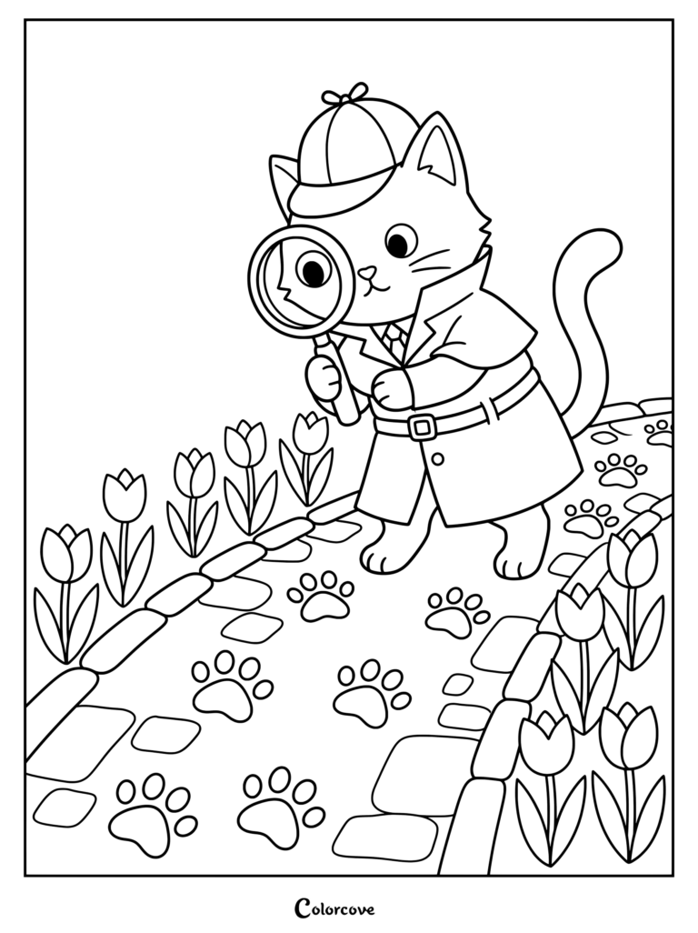 Printable cartoon cat coloring page featuring a detective in a trench coat and deerstalker hat examining paw prints on a garden path with tulips.