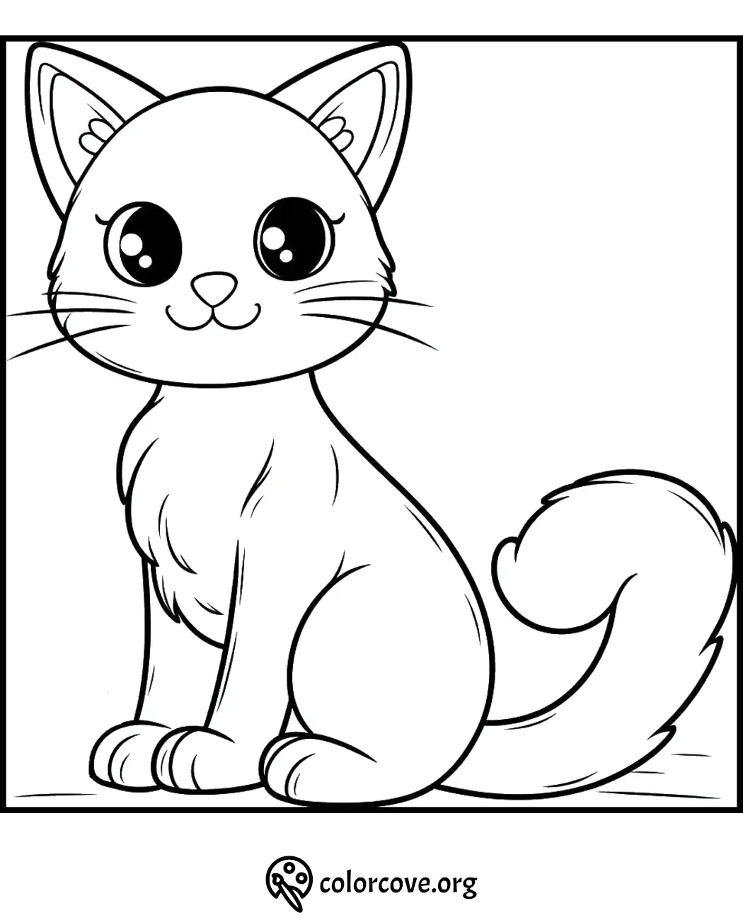 Adorable cat coloring page for kids with big eyes and fluffy tail, perfect for creative, fun, and relaxing activities.