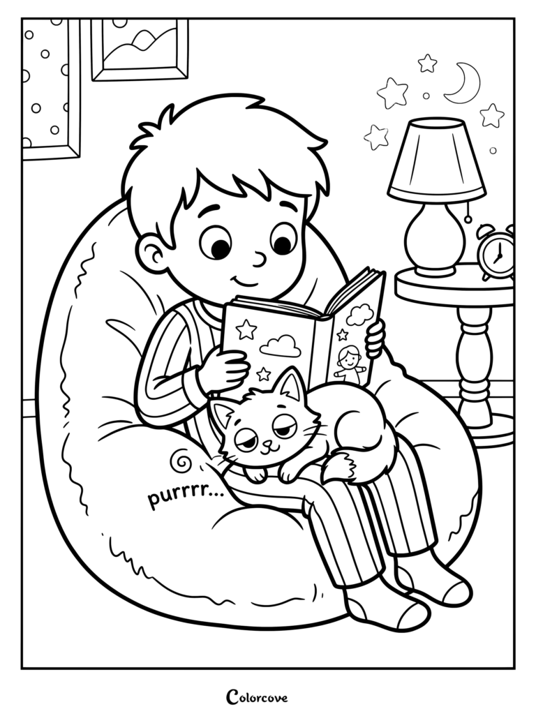 Cartoon Cat sleeping on a boy's lap while reading a book in a beanbag chair coloring page