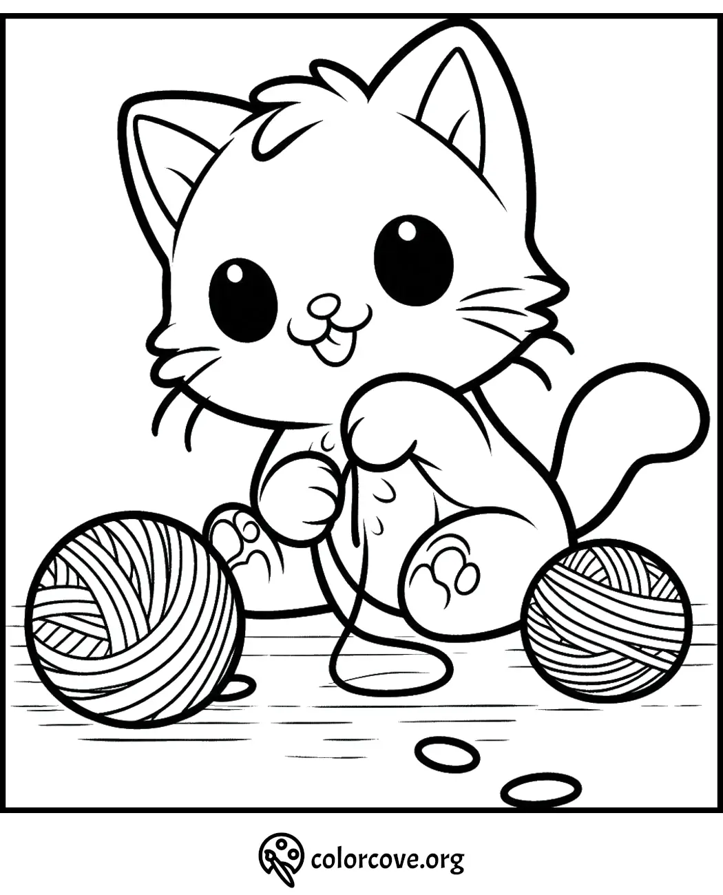 Adorable kitten coloring page with two balls of yarn. Perfect for kids and cat lovers. Download and print from colorcove.org.