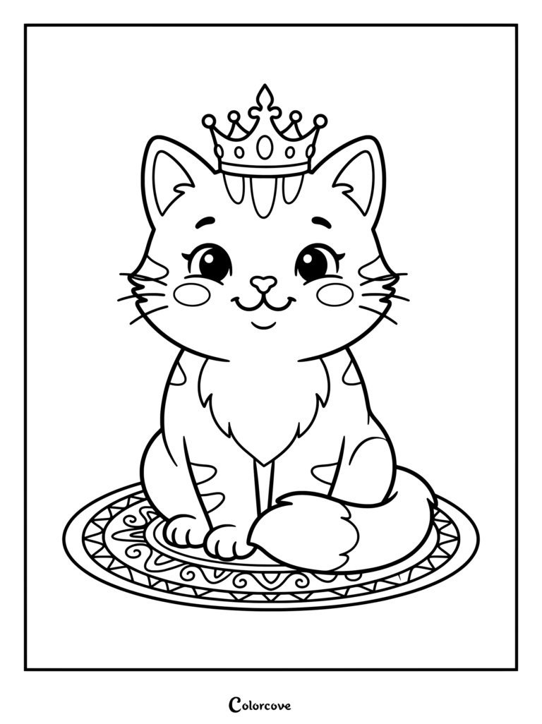 Printable Cartoon Cat coloring page featuring a cute feline wearing a crown sitting on a patterned rug