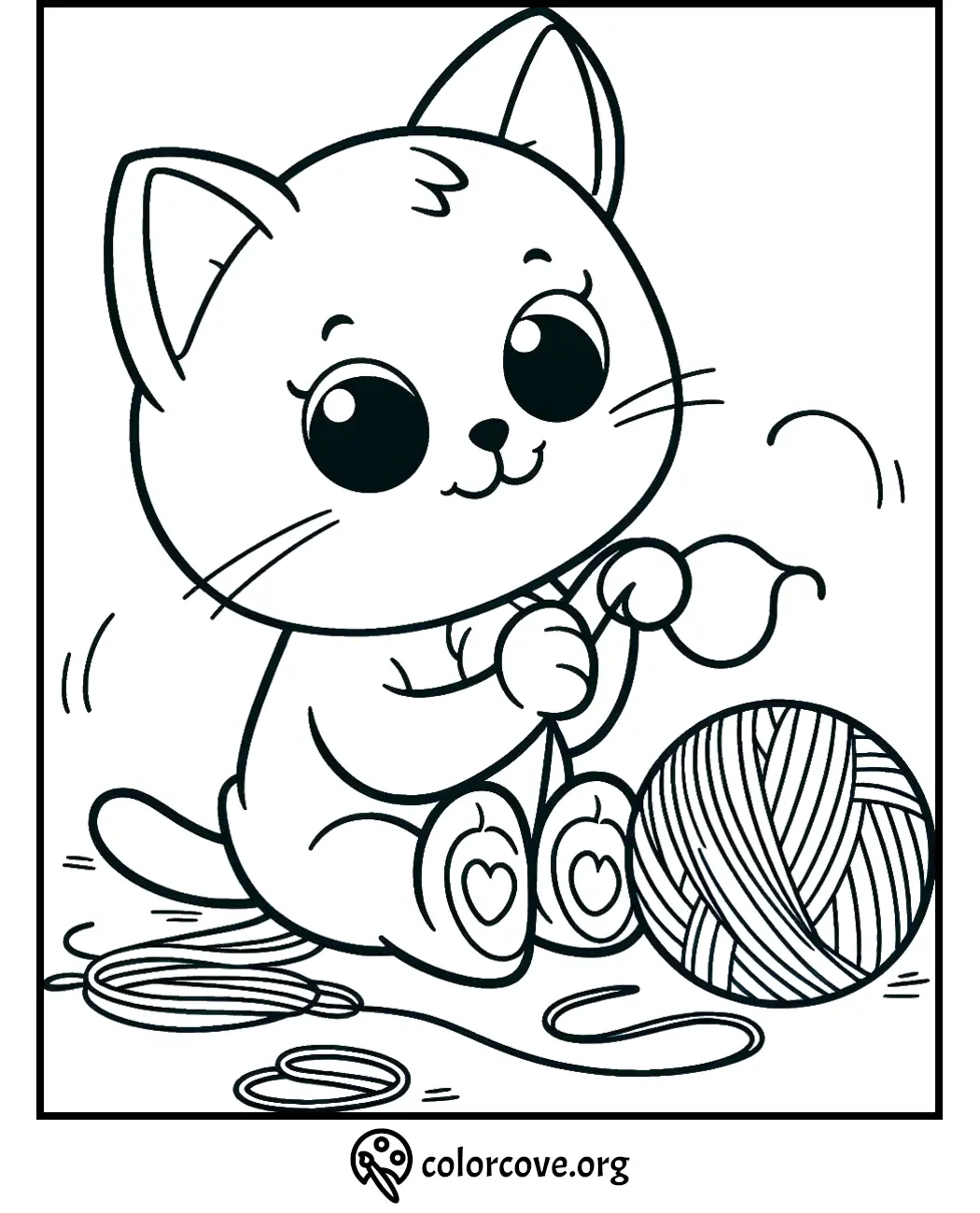 Cute kitten with big eyes playing with a ball of yarn - printable coloring page from ColorCove.org. Ideal for kids.