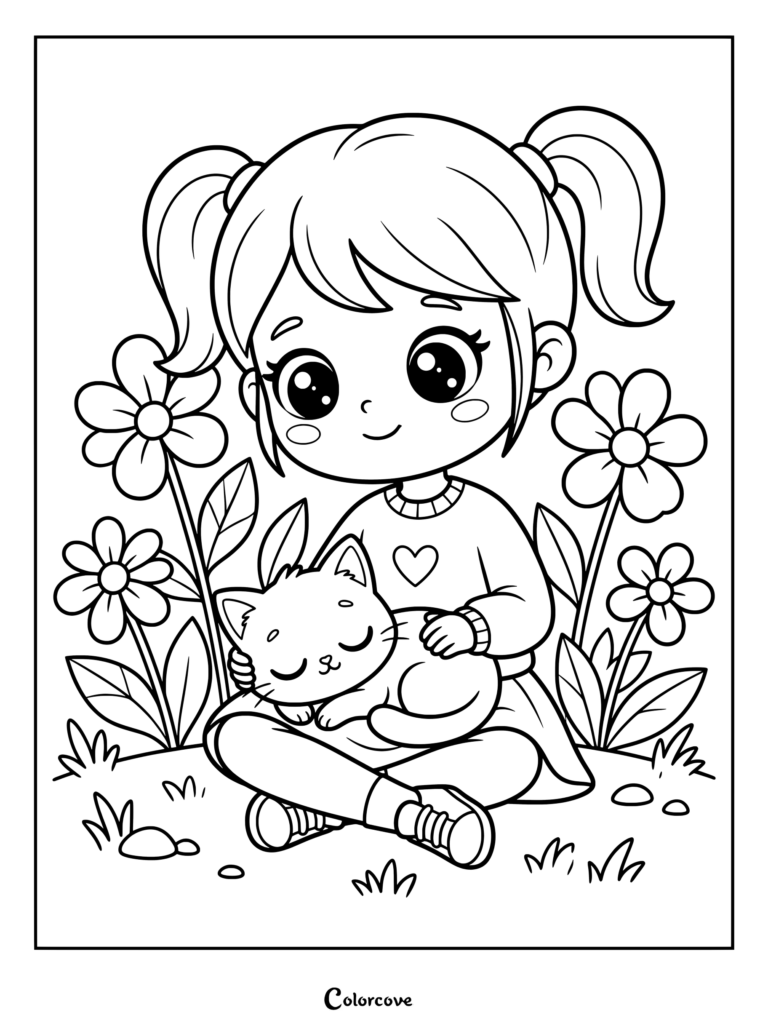 A girl with pigtails holding a Cartoon Cat in a garden coloring page.