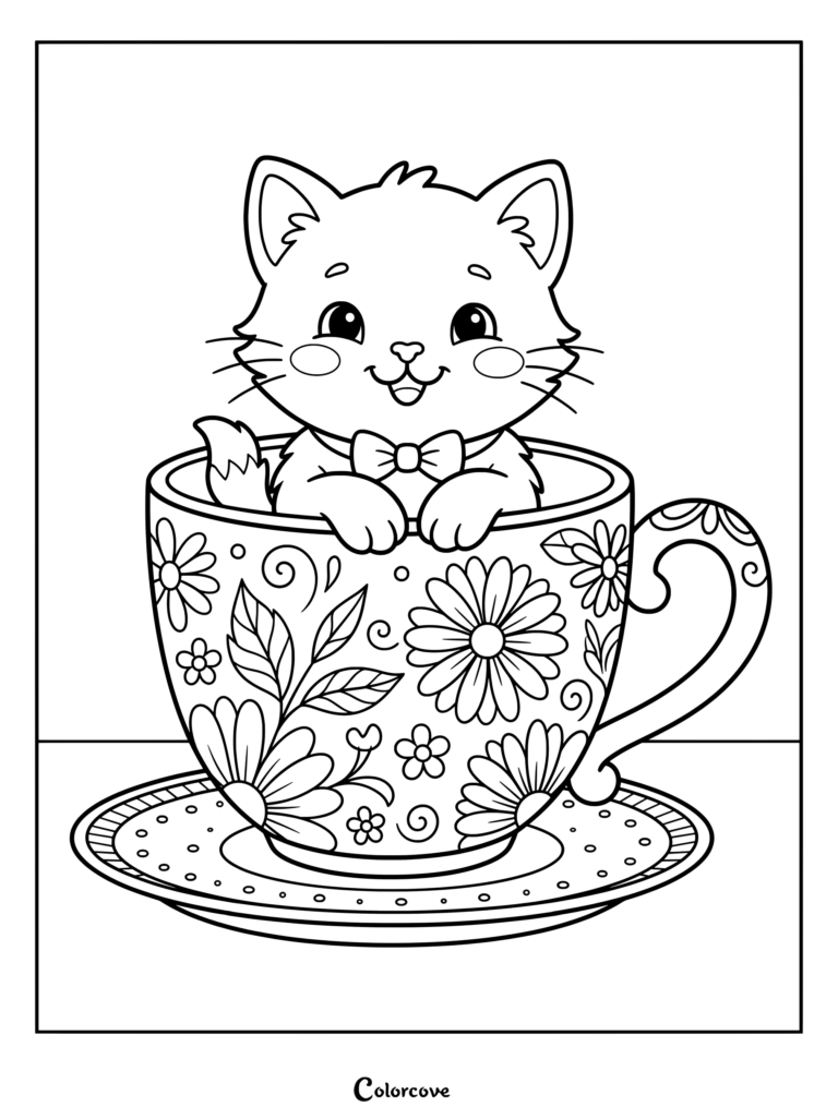 A friendly cartoon cat sitting inside a patterned floral teacup with a saucer, designed as a fun coloring page.