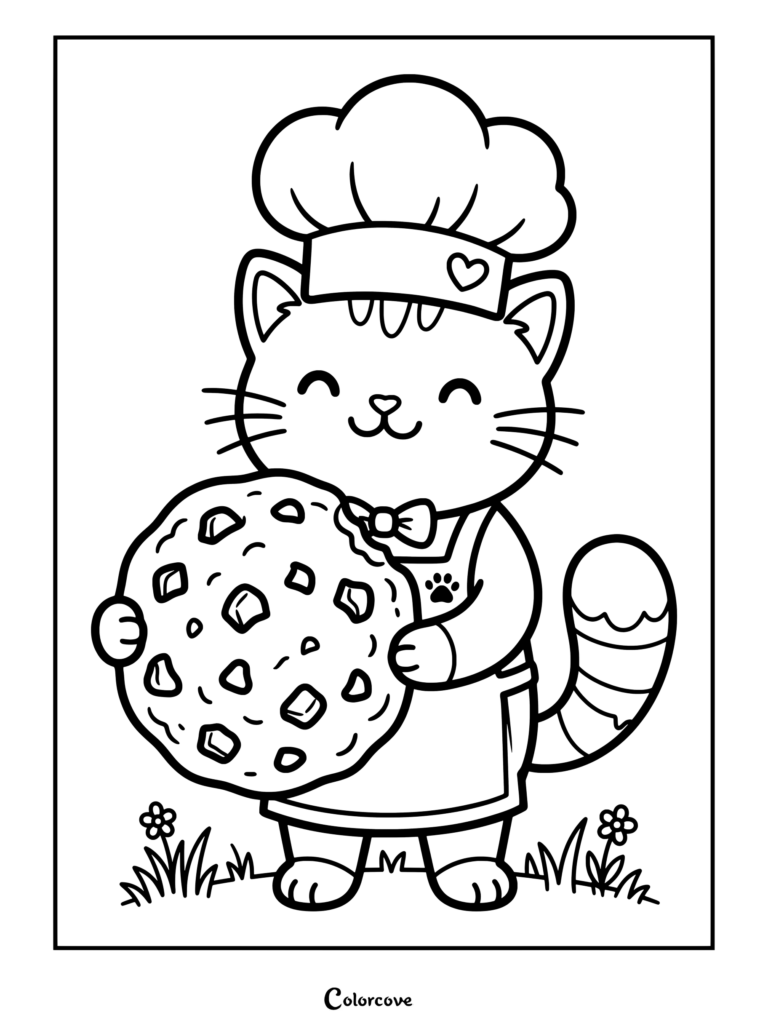 Cartoon Cat wearing a chef hat and apron holding a giant chocolate chip cookie coloring page